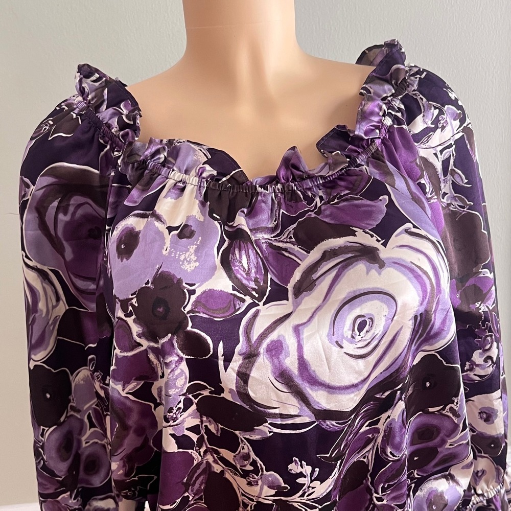 MSK Floral Peplum Blouse Womens Large Ruffle Neck 3/4 Sleeve Purple Satin Top